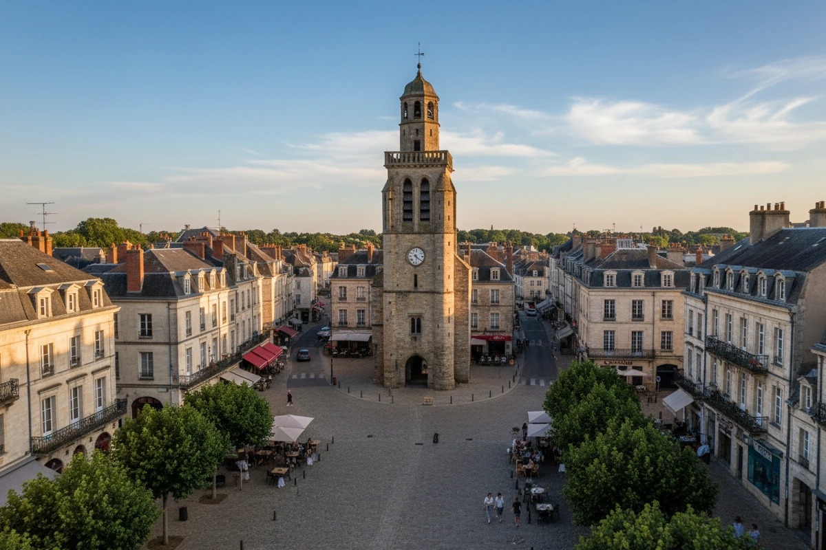Vue du centre-ville de Thionville avec le beffroi et la place du Marché, zone d'intervention de Waoo Agency pour le référencement local en Moselle