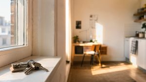 Clés posées sur le rebord d'une fenêtre dans un studio étudiant meublé, avec coin bureau et kitchenette en arrière-plan
